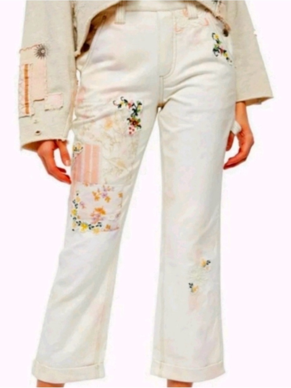 Free People Cream Embroidered & Patchwork Boot Cut Jeans